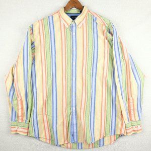 Indigo Palms Shirt Mens Extra Large Yellow Blue Striped Cotton Colorful Vintage